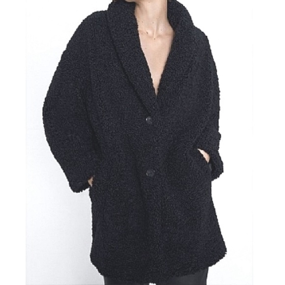 Zara black fleece faux shearling coat - Picture 1 of 4